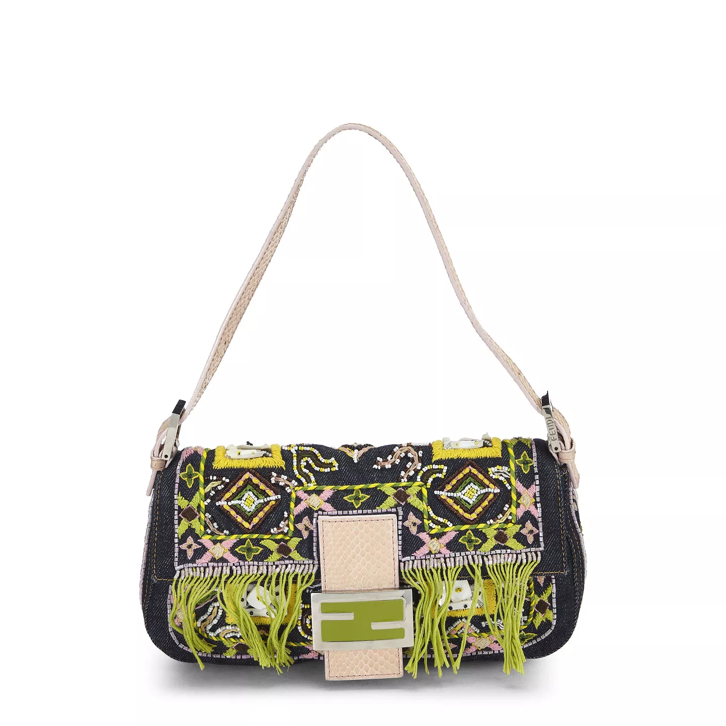 FENDI MULTICOLOR BEADED & EMBROIDERED DENIM BAGUETTE